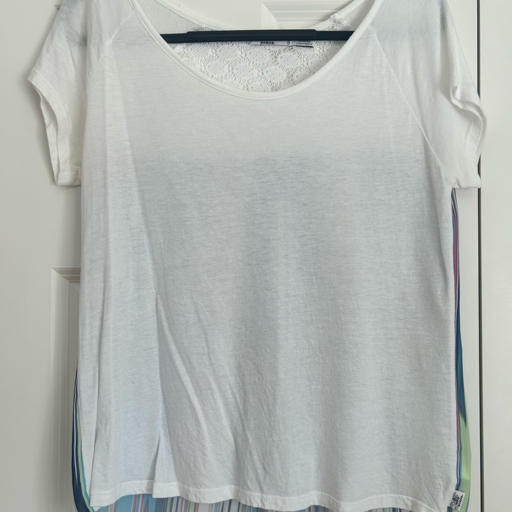 Prana Short Sleeve, White, Multi Color & Crochet Tee